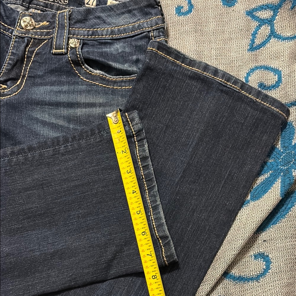 Miss Me Boot Cut Jeans in Blue and Gold with Fleur-de-Lis Embroidery - Picture 7 of 9